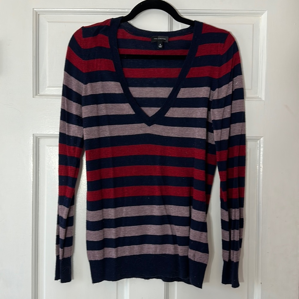 The Limited Red and Blue Striped V-Neck Top